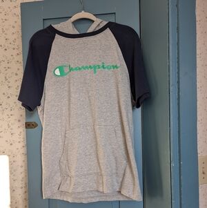 🩶 Champion M Green Navy Hoodie T-Shirt Short Sleeves